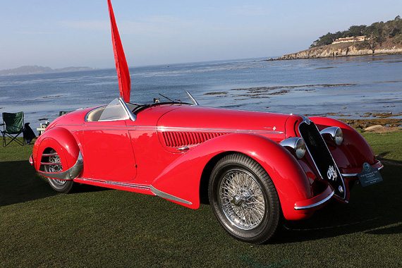 The Alfa Romeo 8C 2900 also received Touring bodies like on this 8C 2900B Spider of 1938, first delivered in England through Alfa’s British importer, Thompson & Taylor of Brooklands.  After the war, it was once owned by Luigi Chinetti.