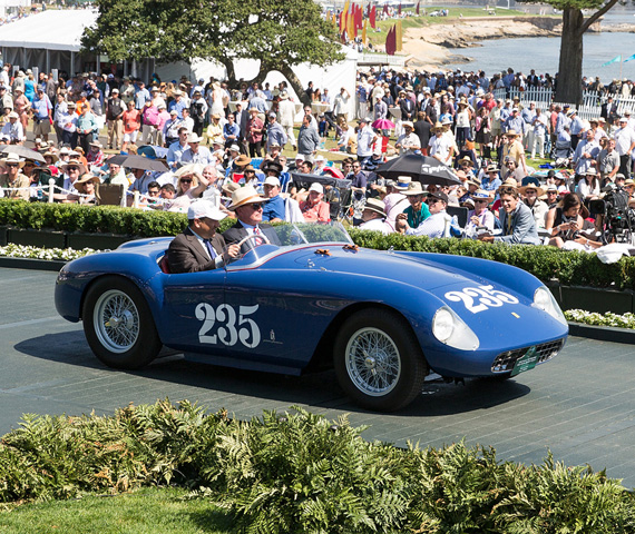 Thomas Peck’s 500 Mondial is seen at the Pebble Beach Concours after winning the Ferraris in the Pebble Beach Races Class. This car was brought to America by Dominican Diplomat/Playboy Porfirio Rubirosa. He raced it at Santa Barbara in September 1954, and before the day was out, Los Angeles Porsche/VW distributor, John von Neumann had purchased it. Knowing John, he probably would have preferred to leave the track with Rubirosa’s date, Zsa Zsa Gabor, but that’s another story. By the time the car found its way to Pebble Beach for the last of the road races there, John had installed a 3-liter Monza engine and nicknamed the car the Monzetta. It has been restored to its original 2-liter configuration and Santa Barbara livery. Credit: Steve Burton, Courtesy of the Pebble Beach Concours d’Elegance