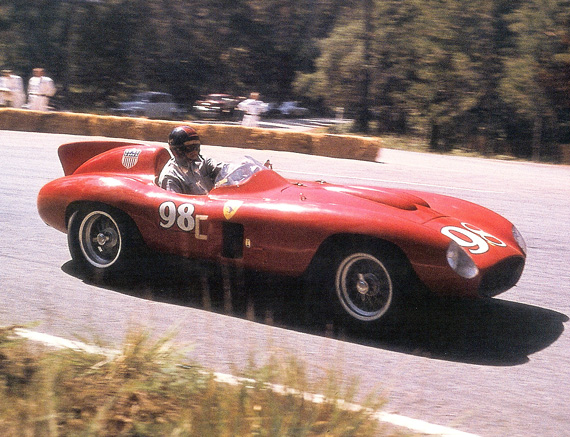 Jack McAfee takes John Edgar’s Ferrari 857 S to a fine third place in the ill-fated 1956 race. This year the car also finished third in the Ferraris in the Pebble Beach Road Races Class at the Concours. Credit: Jim Sitz.