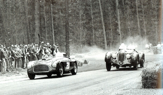 The first Ferrari to race at Pebble Beach was Jim Kimberly’s Ferrari 166 Touring Barchetta, here leading Phil Hill’s Alfa Romeo 8C 2900 B in 1951. Note the lack of spectator fences, a simple rope suffices. Also the proximity of the pines to the course caused many problems over the years. The car was part of the tour this year, driven by Jon Shirley. Credit: Julian P. Graham, Robert T. Devlin Archive