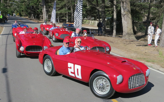 Seven of the 14 Ferraris that raced at Pebble Beach pose before their laps of the old course. Jon Shirley in the ex-Kimberly 166 Barchetta is in the front. The second row is comprised of Les Wexner’s ex-Spear 340 Mexico (left) and the ex-Randy MacDougall 166 Vignale Spyder now owned by Phil Bachman. The next row has Wexner’s ex-John Edgar 857 S next to John McCaw’s #116, the ex-Craycroft 166 Barchetta. Bringing up the rear is the ex-von Neumann 500 Mondial of Thomas Peck (left) and Wexner’s ex-Bill Spear 340 America Vignale Spyder.  Prizes won by cars in this class at the Pebble Beach Concours d’Elegance include: Ferrari 500 Mondial, Thomas Peck, First in the Ferrari in the Pebble Beach Road Races Class. Ferrari 340 Mexico, Les Wexner, Second in the Ferrari in the Pebble Beach Road Races Class, the Phil Hill Cup. Les Wexner, Ferrari 857S. Third in the Ferrari in the Pebble Beach Road Races Class. 