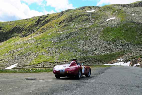 The cold, bleak summit of the fearsome Gavia and Matteo Crippa's fabulous Ferrari 340 MM.