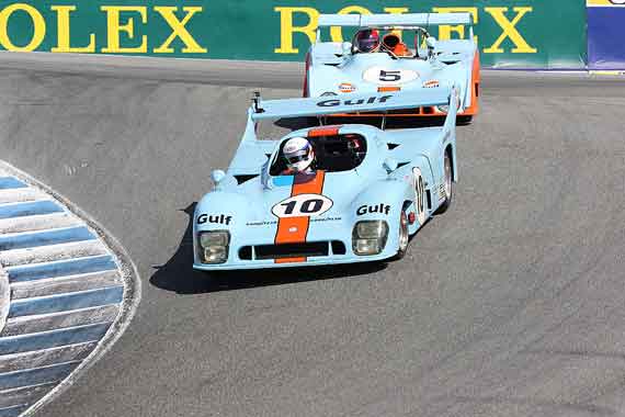 Gulf liveried cars were common in the FIA Manufacturers Championship in the 70’s, represented by Group 6A.  Here Marino Franchitti, in the 1975 Gulf Mirage GR8, leads Chris MacAllister in the 1973 Gulf Mirage M6.