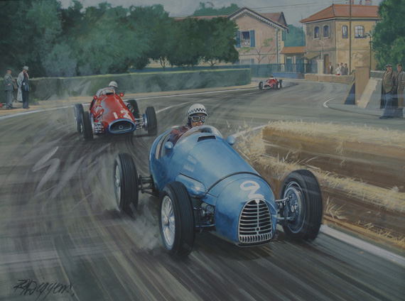 ‘The Sorcerer’s Apprentice’: A painting depicting the Pau Grand Prix of 1954, shows Jean Behra’s Gordini fending off a strong challenge from Maurice Trintingnant and his Ferrari 500 F2. The nose of Behra’s Gordini bears the evidence of his contact with Farina at the start. Amedee Gordini became known as ‘Le Sorcerer’ because of his uncanny ability to produce, on a shoe-string budget, the most amazing little racing cars. The Gordinis were very fast but also rather fragile and unreliable, probably the result of the team being hopelessly penurious. If success eluded Gordini in the major Grand Prix he would fare much better in the lesser events. These races, still supported by the major teams, were hotly contested and the painting shows Behra winning one of these non-championship contests. 