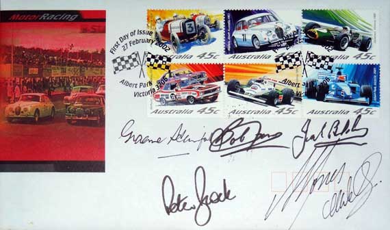 Waite (1894-1991) and his AGP-winning Austin 7 in a 2002 Australia Post stamp issue, (signed on his behalf by Graeme Steinfort), with some other Australian drivers.