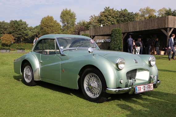 For once, not an Italian or French car but a 1954 Triumph TR2 , called the Francorchamps coupé.  Only produced in 22 examples in the Imperia factory in Belgium, it is a fixed head coupé with plexi sunroof.